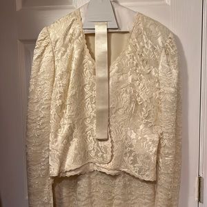 Two piece wedding dress with short jacket, lace and satin, thin straps
